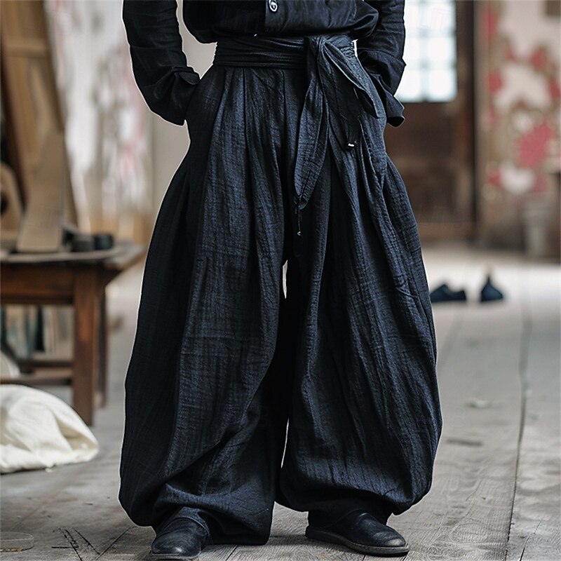 Men's Linen Pants Trousers Summer Pants Baggy Pants Beach Pants Elastic Waist Plain Comfort Breathable Vacation Daily Holiday Vintage Boho White Navy Blue2