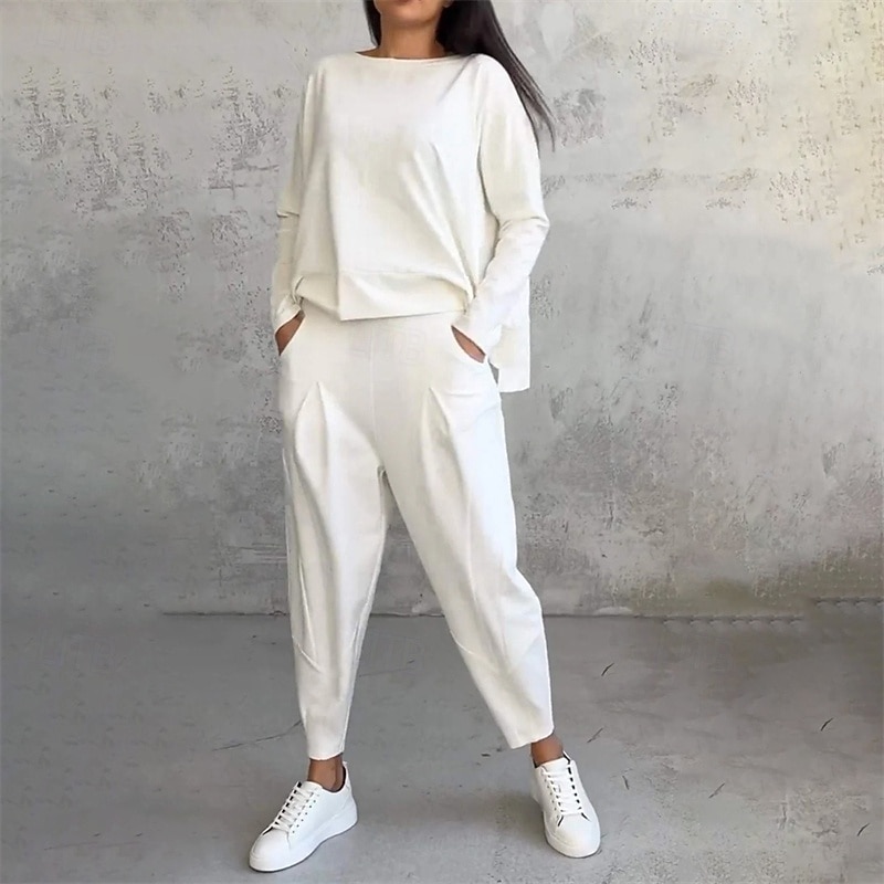 Women's Tracksuit Sweatpants Pullover Sweatshirt Pocket Solid Colored Clothing Suit Fall Black White Gym Workout Sports Windproof Long Sleeve Sport Activewear Micro-elastic Regular Fit2