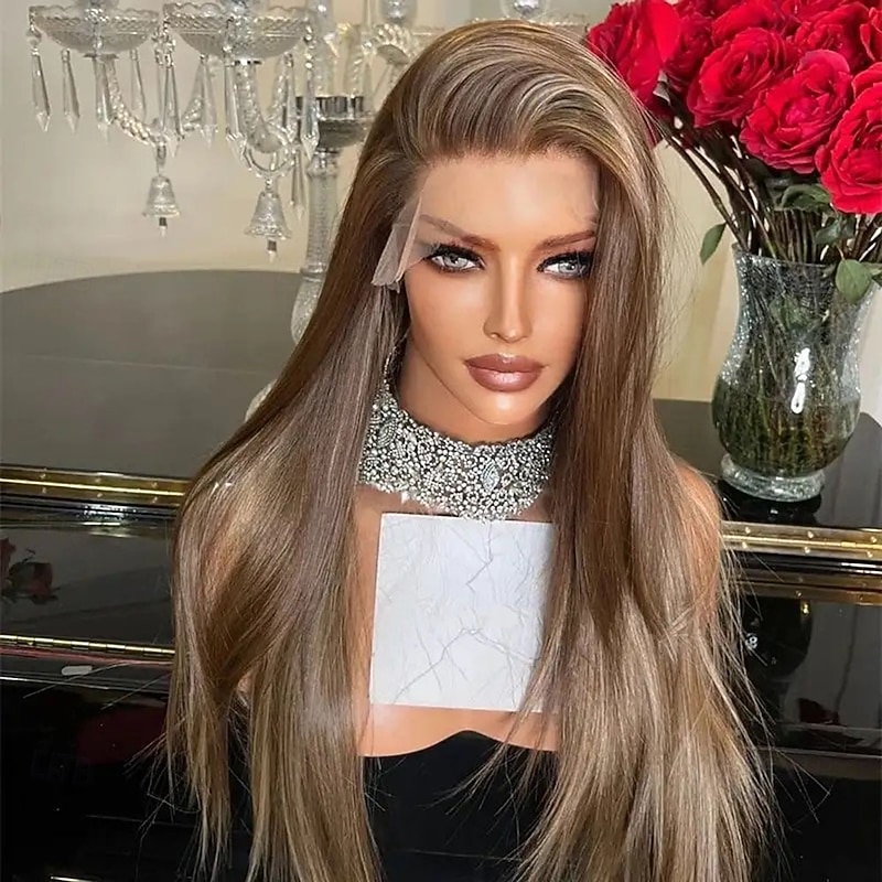 Remy Human Hair 5x5 Closure 13x4 Lace Front Wig Free Part Brazilian Hair Straight Blonde Brown Wig 130% 150% Density with Baby Hair Highlighted / Balayage Hair 100% Virgin Glueless Pre-Plucked For