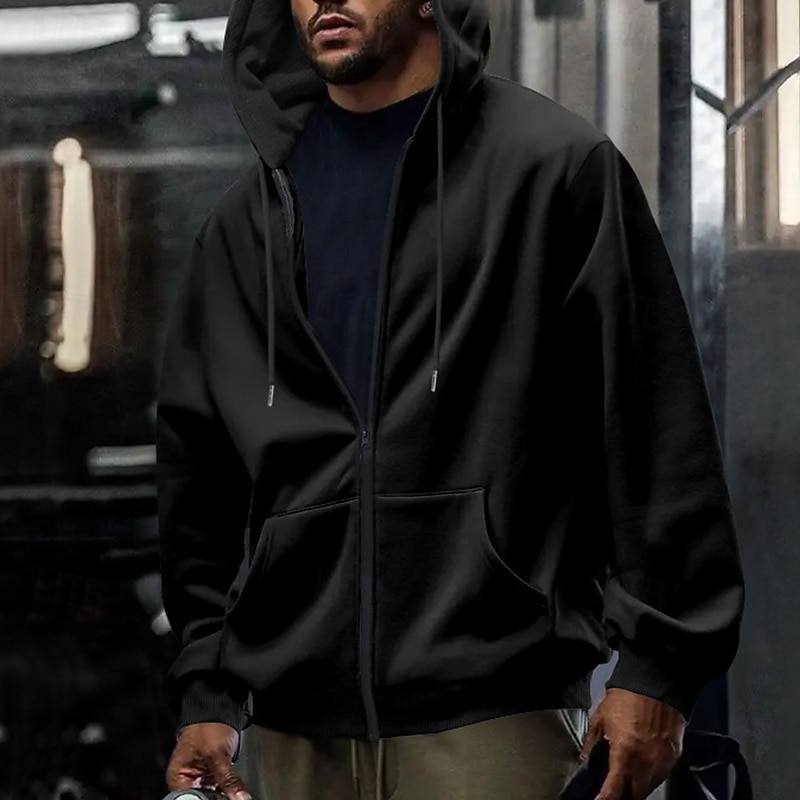 Men's Hoodie Full Zip Hoodie Fleece Hoodie Black Navy Blue Green Khaki Light Grey Hooded Plain Zipper Pocket Work Sports & Outdoor Casual Basic Casual Workout Fall Winter Clothing Apparel Hoodies3
