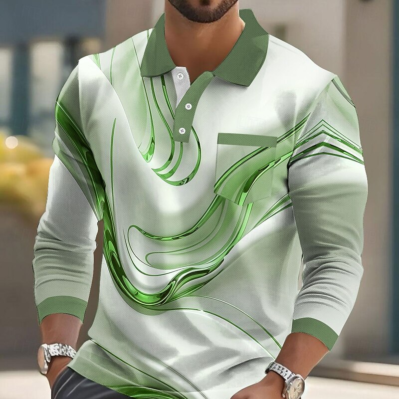 Men's Geometric Line Polo Long Sleeve Polo Shirts Collared Shirts Business Casual Business Athleisure Daily Wear Pocket 3D Print Buttons Spring Fall Winter Blue Gold Green3