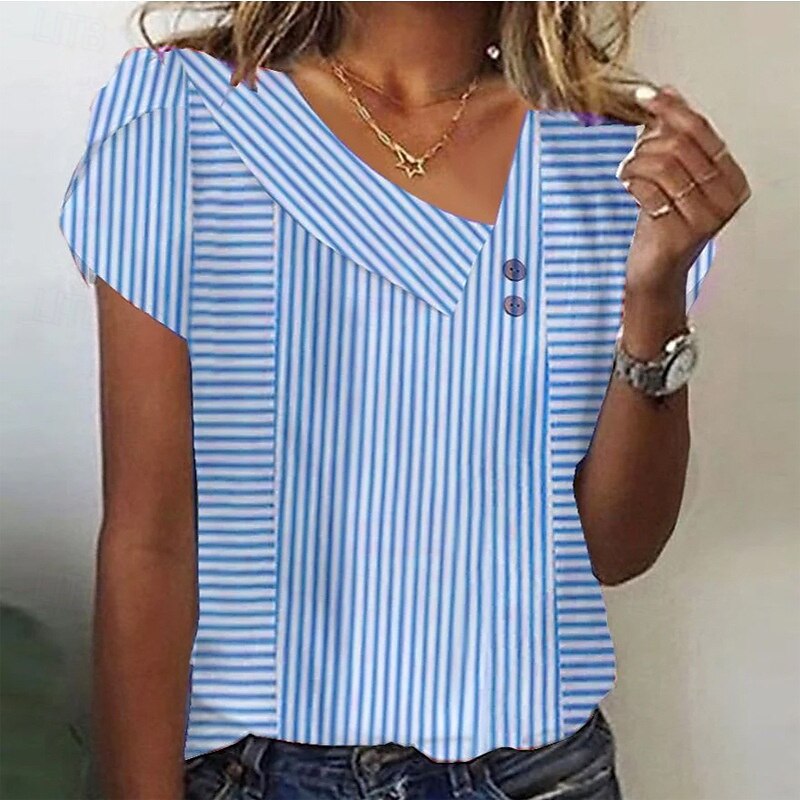 Women's Blouse Graphic Striped Elegant Stylish Casual Short Sleeve Asymmetrical Regular Tops Daily Holiday Buttons White Red Blue Summer Spring2