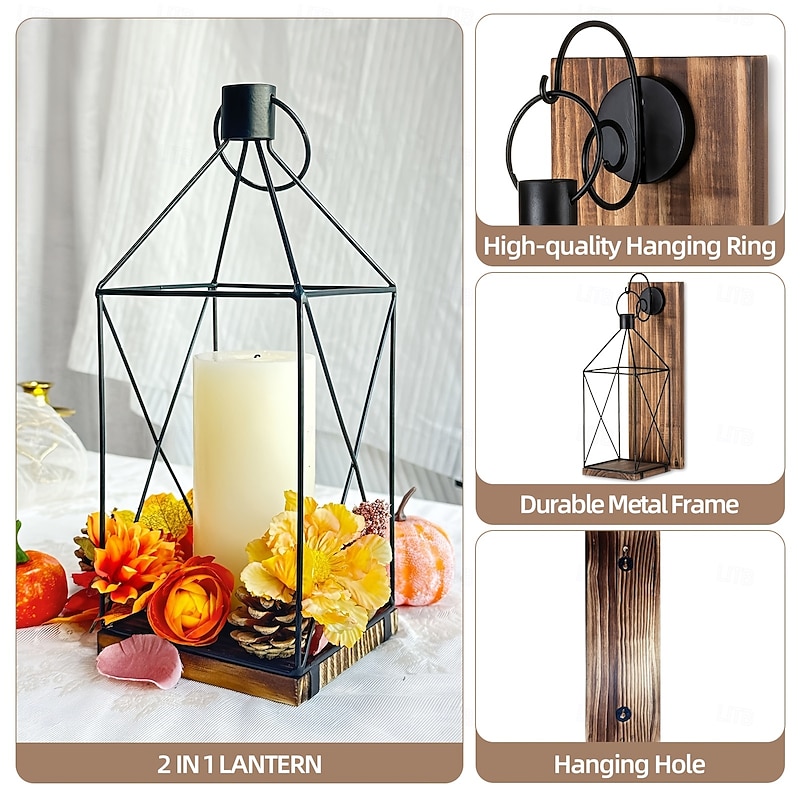 1pc Rustic Wooden Candle Wall Sconce 13.4 inch Metal Lantern Farmhouse Home Decor Brown Lacquered Finish Wall Mount Family Theme Versatile for Indoor & Outdoor Ideal for Christmas Halloween4
