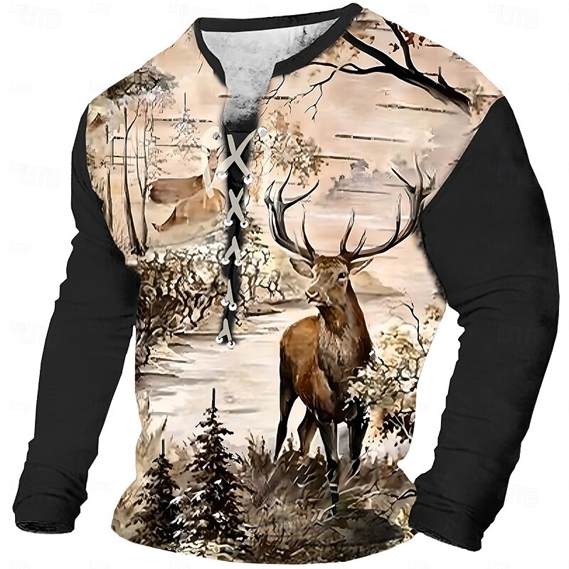 Men's Cowboy Deer T shirt Tee Long Sleeve T shirt 3D Print Lace Up Neck Shirt Casual Vintage Retro Sports Outdoor Casual Daily Black Navy Blue Brown Spring & Summer Clothing Apparel S M L XL XXL XXXL