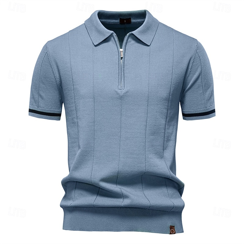 Men's Male Solid Color Vertical Stripes Polo Knit Polo Sweater Short Sleeve Turndown Polo Collar Quarter Zip Modern Formal Work Sports & Outdoor Zip Up Spring claret Deep Green Robin's Egg Blue2