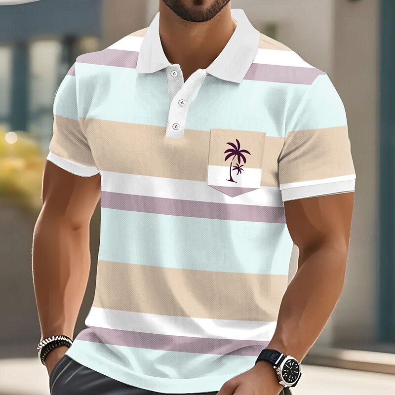 Men's Horizontal Stripes Palm Tree Polo Short Sleeve Polo Shirts Collared Shirts Casual Resort Athleisure Daily Wear Vacation Wear Pocket 3D Print Buttons Summer Yellow Pink Blue2