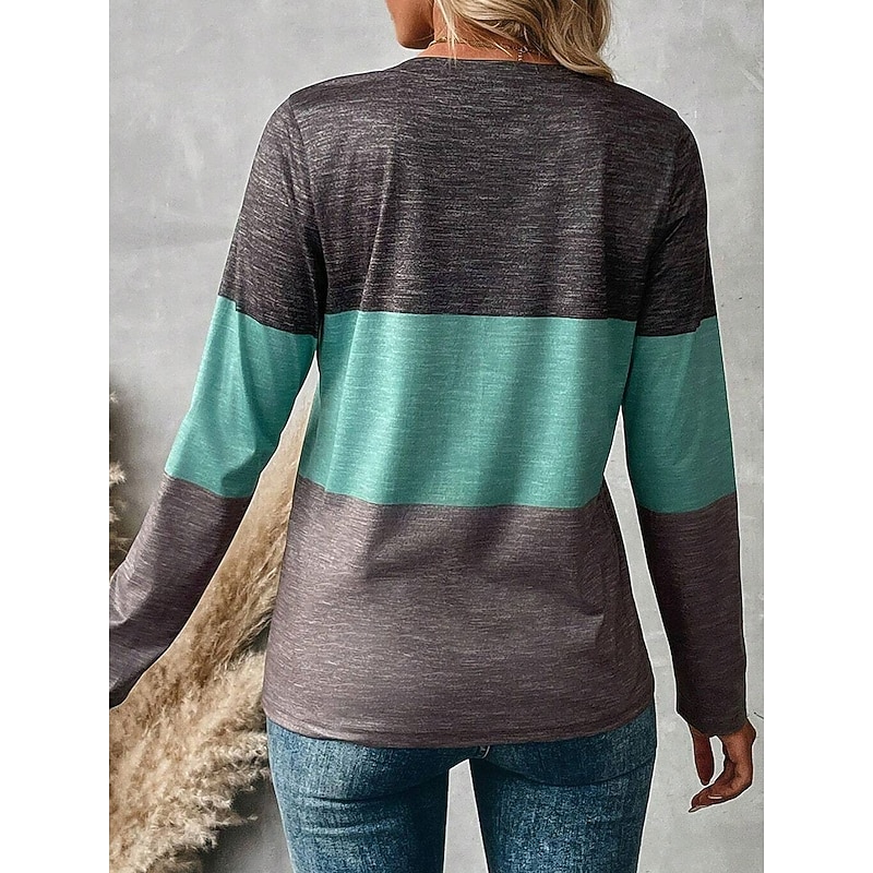 Women's T shirt Crew Neck Long Sleeve Tunic Graphic Color Block Striped Vintage Stylish Classic  Regular Tops Daily Weekend Print Green Fall2