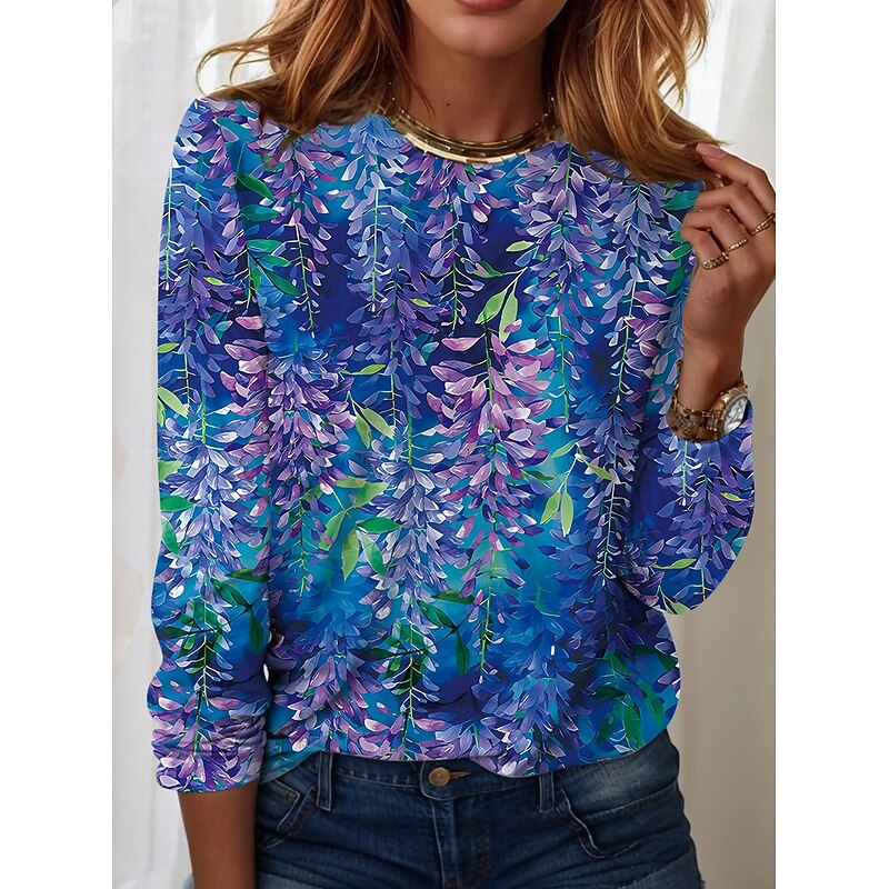 Women's T shirt Long Sleeve Crew Neck Long Sleeve Tunic Ombre Plants Casual Round Neck Regular Tops Daily Print Pink Blue Sky Blue Dusty Blue Light Blue Spring Fall Prefall
