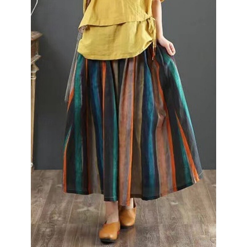Women's Skirt A Line Fashion Casual Maxi High Waist Skirts Striped Pocket Print Micro-elastic Street Daily Red Summer Polyester4