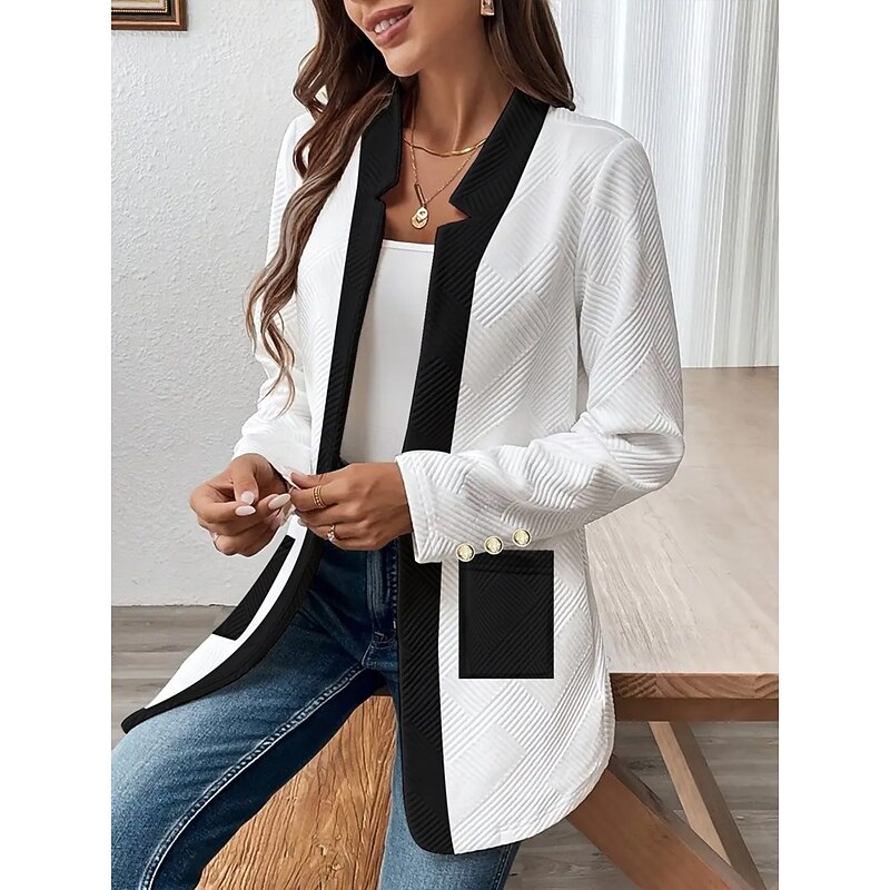 Women's Casual Jacket Comfortable Breathable Pocket Buttons Casual Plain Vacation Street Casual Daily Wear Single Breasted Regular Stand Collar Regular Fit Long Sleeve Outerwear Black White Spring3