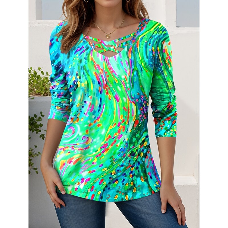 Women's T Shirt Graphic Geometric Abstract Stylish Modern Casual Long Sleeve V Neck Regular Tops Daily Cut Out Print Red Blue Purple Green Spring Fall4