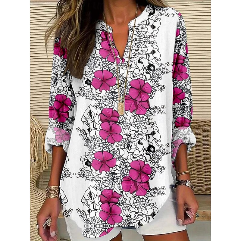 Women's Blouse Floral Stylish Modern Long Sleeve V Neck Regular Tops Daily Holiday Print Light Green Pink Fuchsia Green Dark Gray Summer2