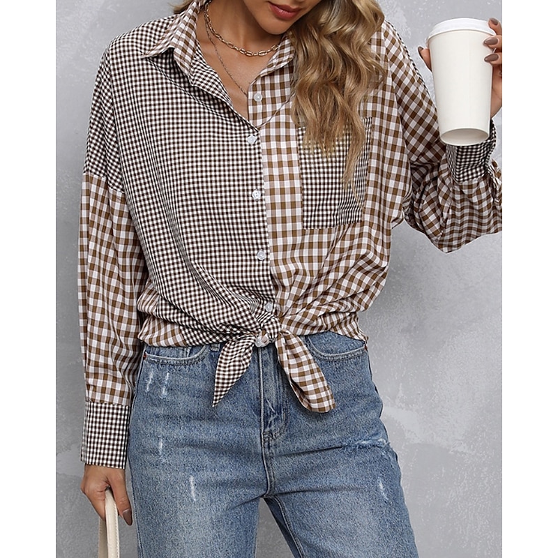 Women's Shirt Blouse Plaid Modern Casual Long Sleeve Shirt Collar Regular Tops Daily Going out Pocket Buttons Brown Fall