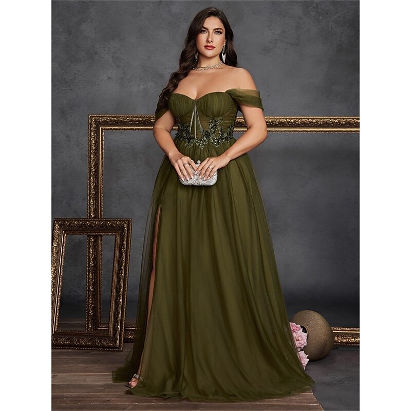 A-Line Plus Size Dresses Elegant Curve Dress Formal Wedding Floor Length Sleeveless Off Shoulder Chiffon Backless with Slit3