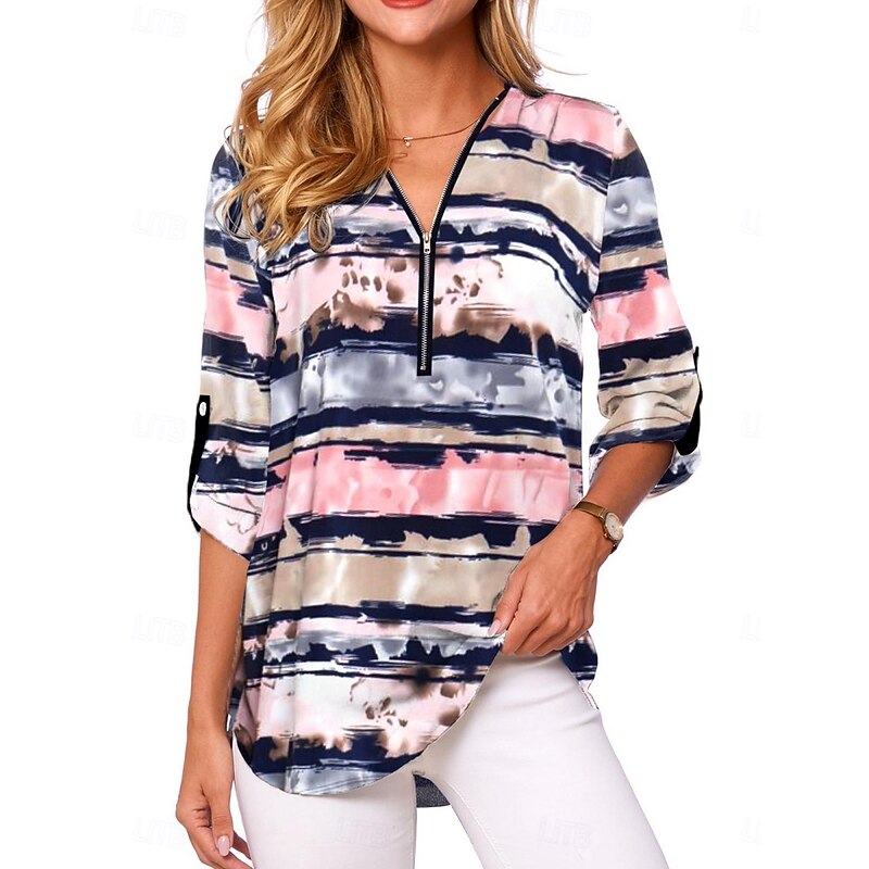 Women's Blouse Floral Graphic Geometric Stylish Casual Long Sleeve V Neck Regular Tops Daily Zipper Print Black White Pink Royal Blue Blue Summer Spring Fall3