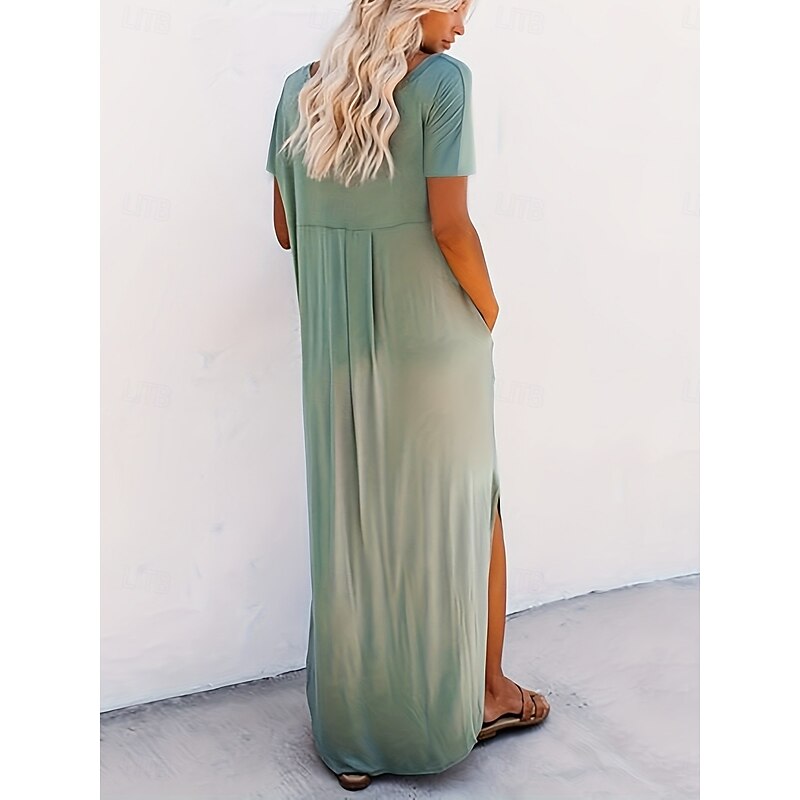 Women's Maxi Dress Summer Dress Casual Daily Regular Fit Plain Short Sleeve V Neck Black Pink Green Summer2