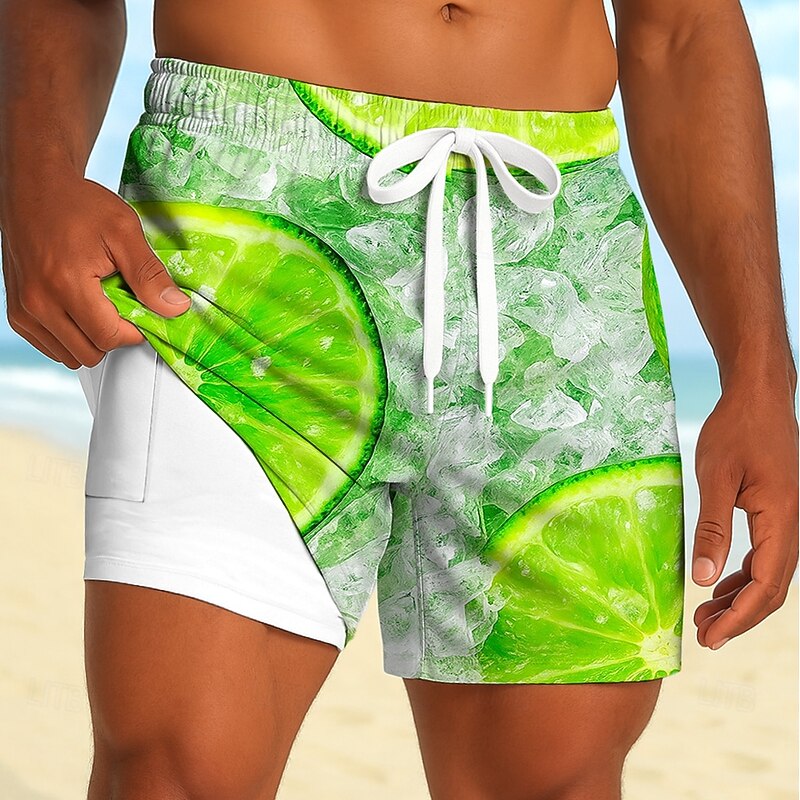 Men's Lemon Ice cube Lined Shorts 2 in 1 Board Shorts Swim Shorts Mid Waist Hawaiian Beach Vacation Wear Side Pockets With Compression Liner Elastic Drawstring Waist Designer Clothing Apparel2
