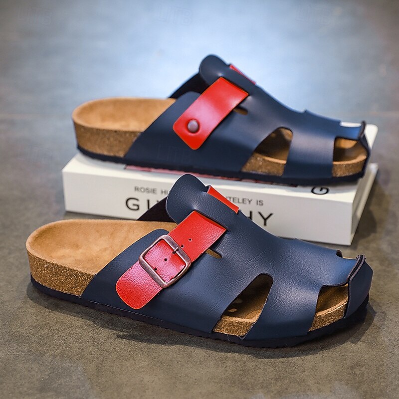 Men's Adjustable Buckle Strap Navy Slides Cork Footbed Faux Leather Sandals for Casual Summer and Outdoor Relaxation2