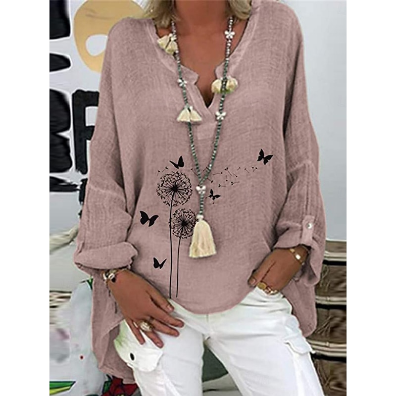 Women's Cotton Linen Shirts Floral Basic Casual Long Sleeve Shirt Collar Regular Tops Daily Print White Pink Navy Blue Purple Summer Fall3