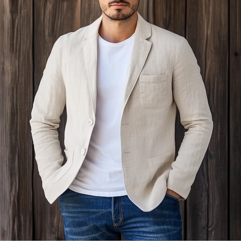 Men Linen Blazer Sport Coat Vacation Casual Fashion Daily Spring & Summer Linen Cotton And Linen Solid Color Comfy Single Breasted Two-button Blazer Beige