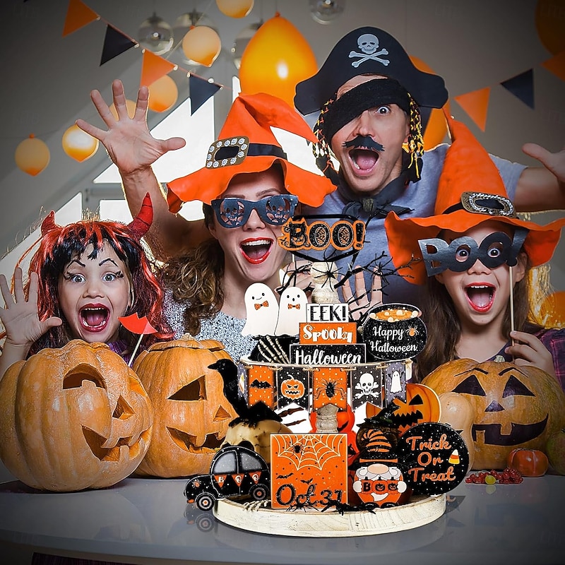 15pcs Halloween Tiered Tray Decor Set, Cute Black and Orange Wooden Signs, Happy Halloween Ghost Block Decorations for Farmhouse Home Tabletop Display4