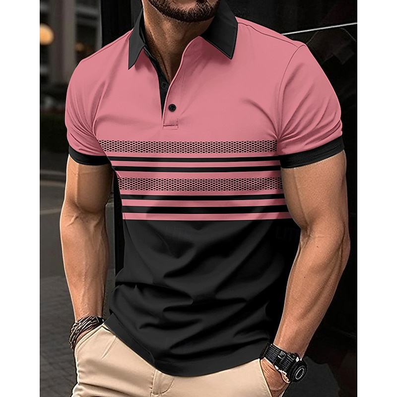 Men's Golf Shirt Golf Polos Shirts Work Casual Lapel Short Sleeve Basic Modern Striped Buttons Summer Regular Fit White Pink Red Royal Blue Green Khaki Golf Shirt - Main Image