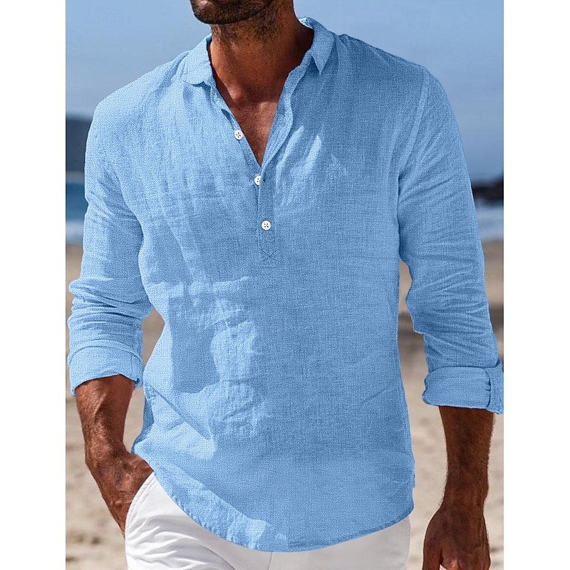 Men's Shirt Linen Shirt Summer Shirt Beach Wear Plain Vacation Casual Black White Blue Khaki Long Sleeve Lapel Spring & Summer Clothing Apparel - Main Image