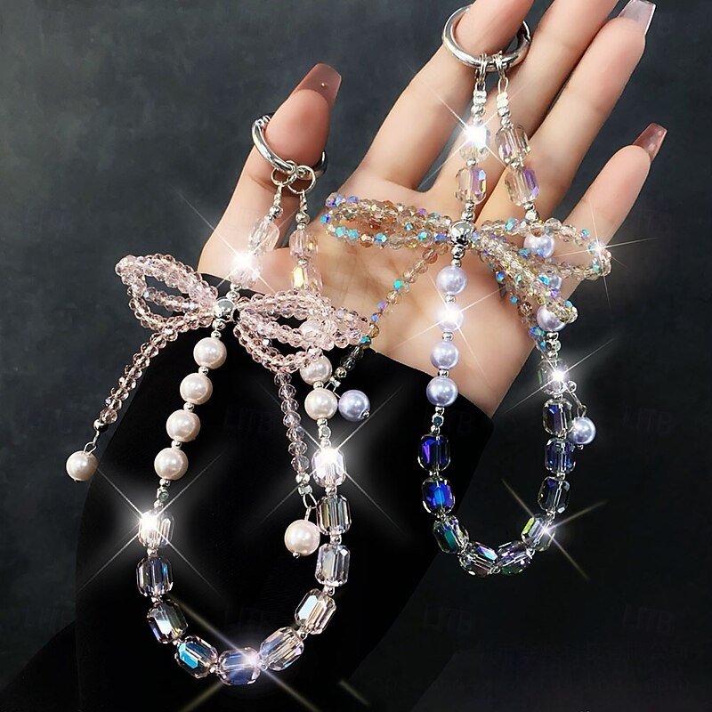 New fashionable crystal pearl mobile phone chain with high-end feel three-dimensional crystal pearl bow key hanging chain mobile phone hanging chain wrist chain4