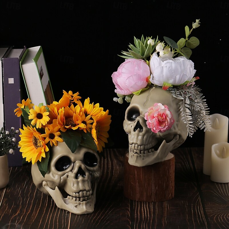 Halloween Skull Head with Flower Decoration, Resin Sunflower Ghost Skull Prop, Haunted House Horror Scene Tabletop Decor