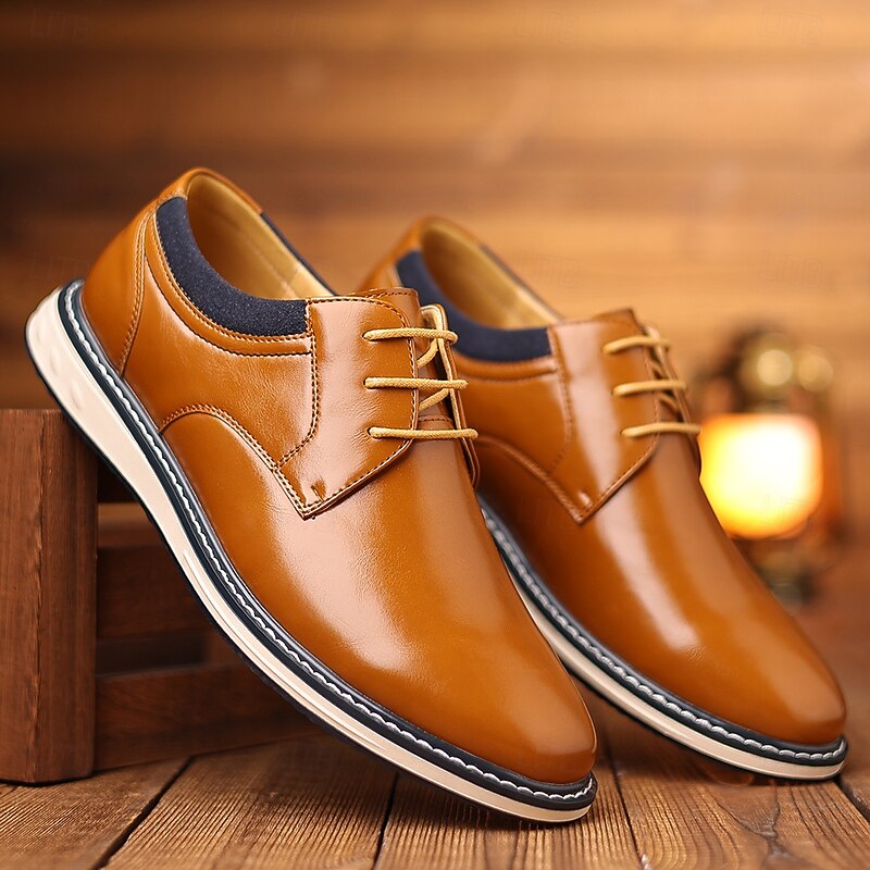 Men's Glossy Tan Faux Leather Oxford Shoes – Sleek Lace-Up Footwear for Office, Business Meetings & Semi-Formal Events3