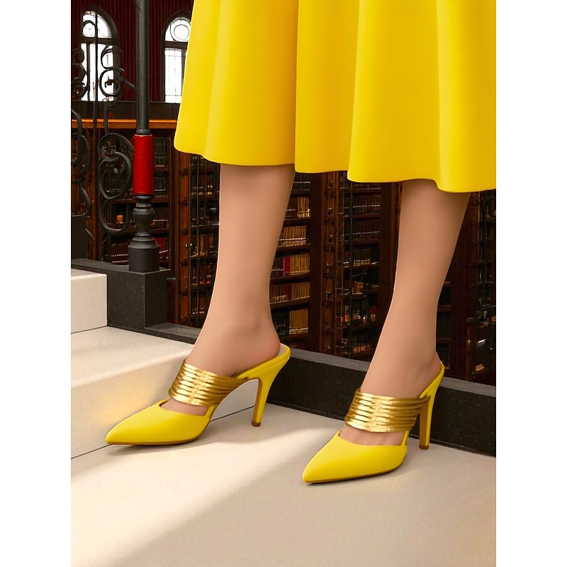 Women's Yellow Stiletto Mules with Gold Coil Straps - Pointed Toe High Heels for Nightlife Parties and Evening Events2
