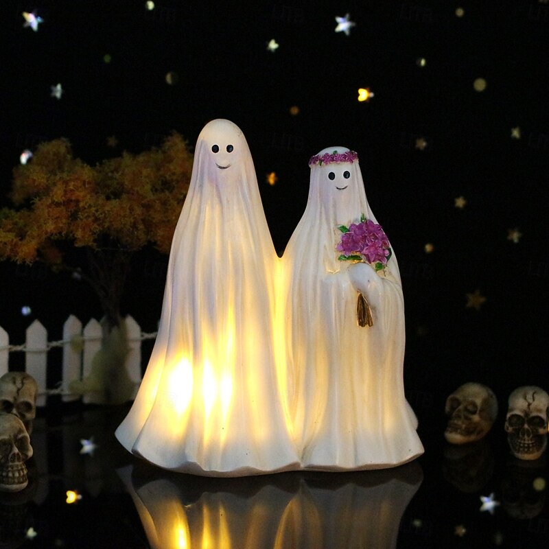 Halloween Resin LED Ghost Figurine with Lights, Bride and Groom Ghost Skeleton Decoration, Spooky Haunted Party Ornament for Halloween Festival3