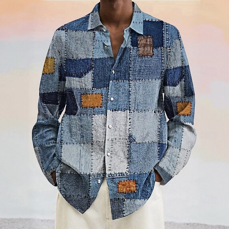 Men's Geometric Color Block Denim-like Shirt Button Up Shirt Long Sleeve Fashion Casual Vacation Daily Spring Fall Turndown 3D Print Linen Like Shirt Blue+Khaki Blue Dark Blue Light Blue - Main Image