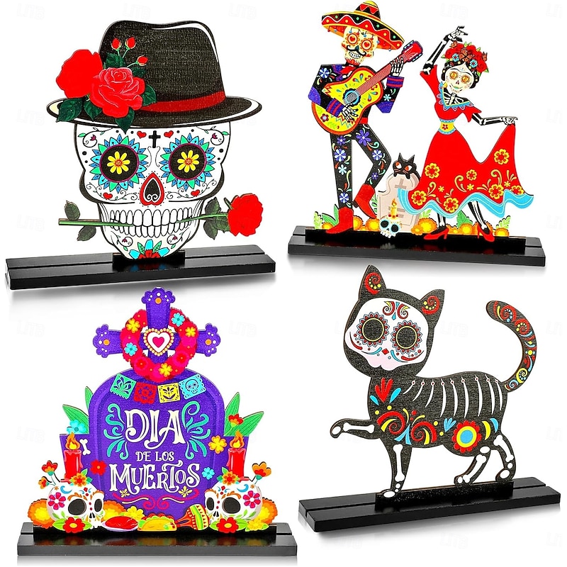 4PCS Wooden Day of the Dead Table Sign Centerpiece Decorations with Dancing Sugar Skulls, Ghost Skeletons, Couple Skulls, and Cat for Sacred Altar and Dining Table Decor