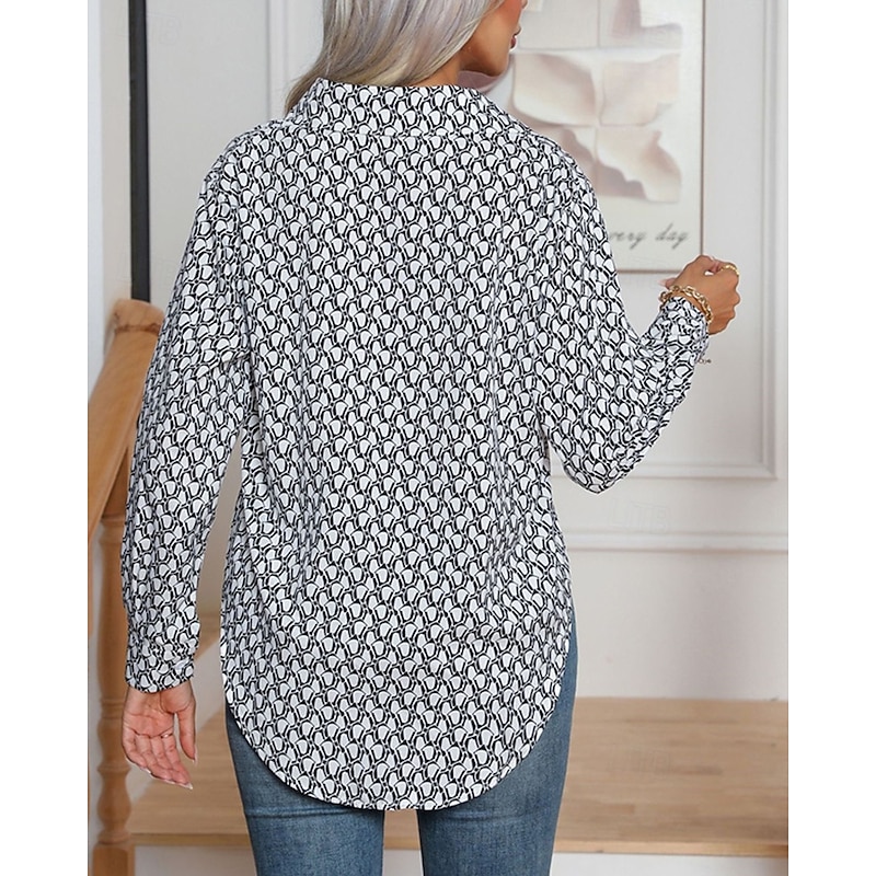 Women's Shirt Geometric Daily Stylish Basic Long Sleeve Shirt Collar Regular Tops Work Daily Holiday Buttons Black White Khaki Spring Fall4