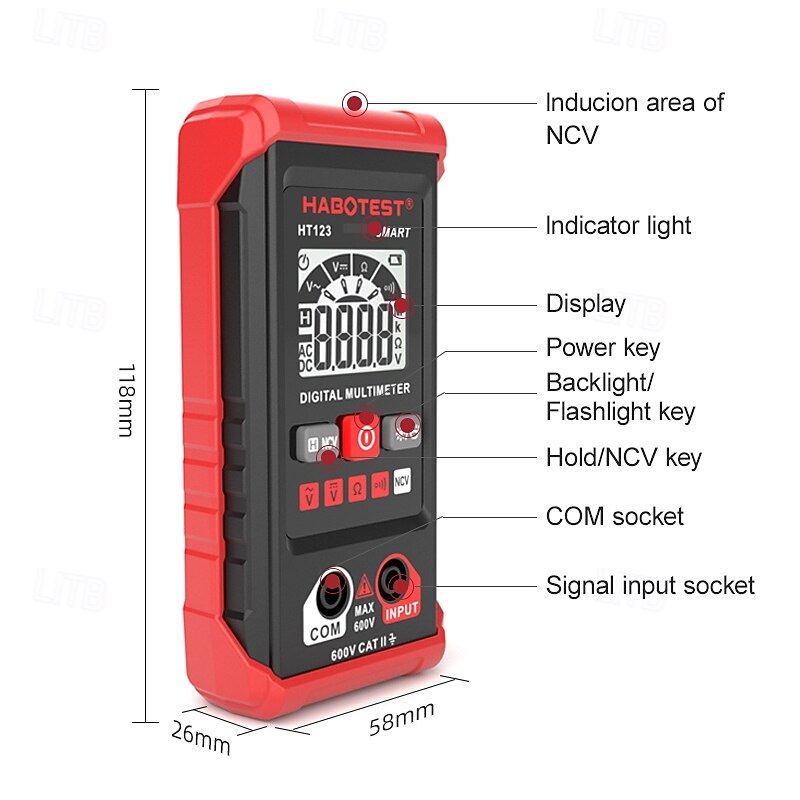 HT123 Smart Digital Multimeter AC/DC Voltage Resistance Continuity Measurement Tester Electrical NCV Multimeter with Backlight3