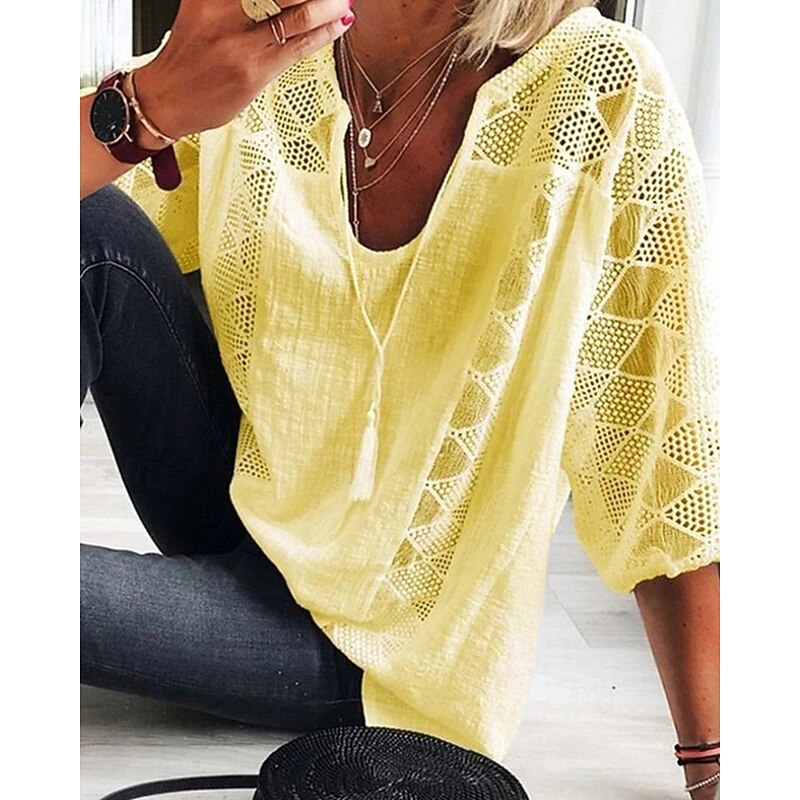 Women's Blouse Lace Tops Plain Stylish Modern 3/4 Length Sleeve V Neck Regular Tops Holiday Going out Lace Black Yellow Gray Summer