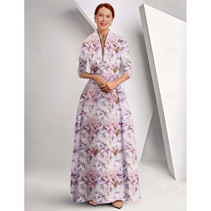 Mother of the Bride A-Line Dress Elegant Queen Anne Neckline Floor Length Satin 3/4 Length Sleeve with Bow(s) Race Day Dress Wedding Guest Dress4