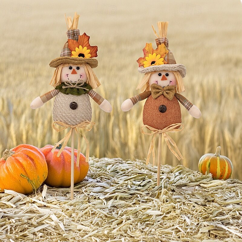 Fall Wooden Stick Dolls Thanksgiving Decor Harvest Season Boy and Girl Scarecrow Wooden Stick Dolls, Autumn Home Decor Vase Inserts for Fall Seasonal Decoration3