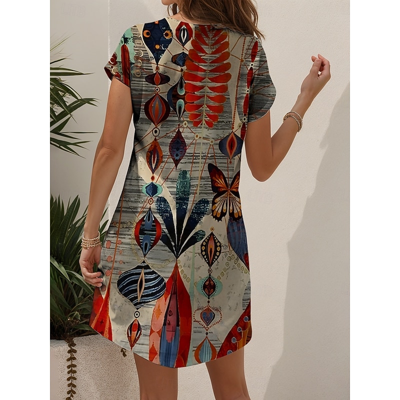Women's Mini Dress T Shirt Dress Tee Dress Sundress Summer Dress Vacation Casual Boho Daily Holiday Going out Regular Fit Graphic Geometric Butterfly Short Sleeve V Neck Yellow Red Blue Purple Summer2