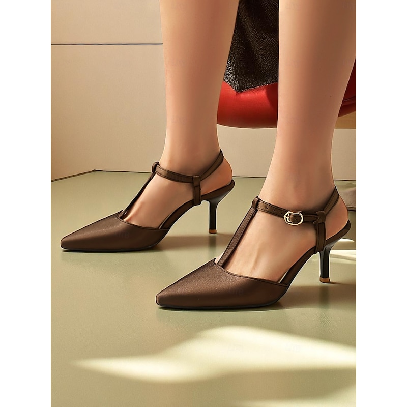 Women's Brown T-Strap Pointed Toe Heels - Elegant Slingback Dress Shoes with Buckle for Office Wear and Daytime Dates4