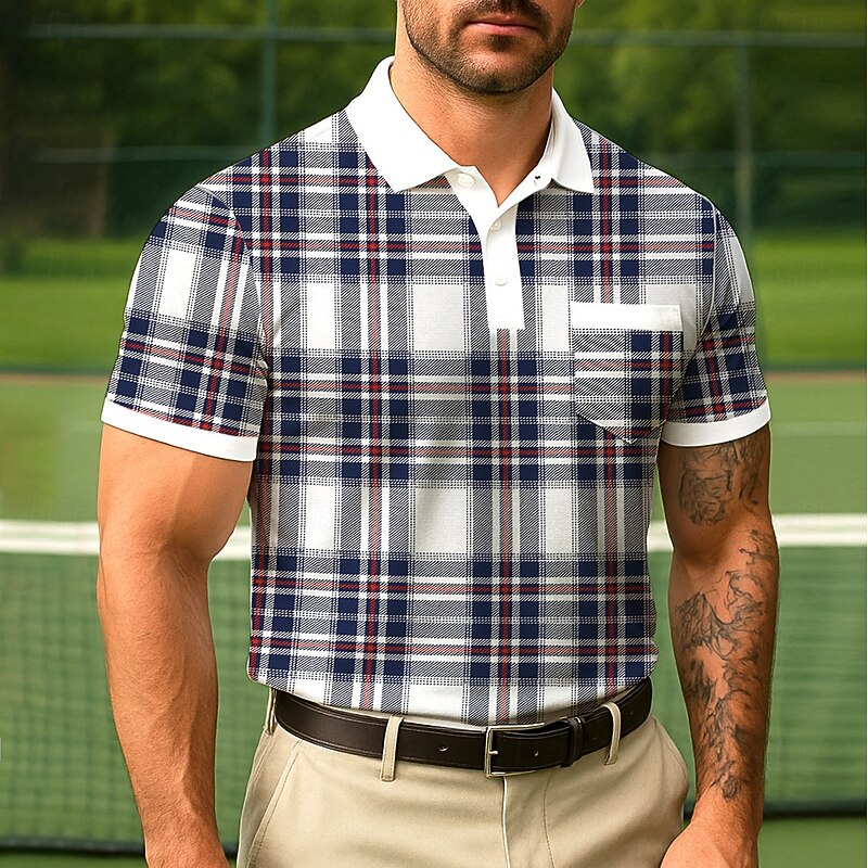 Men's Color Block Polo Short Sleeve Turndown Business Casual Daily Sports & Outdoor Athleisure Casual Daily Pocket Buttons Summer Robin's Egg Blue ash-colored2