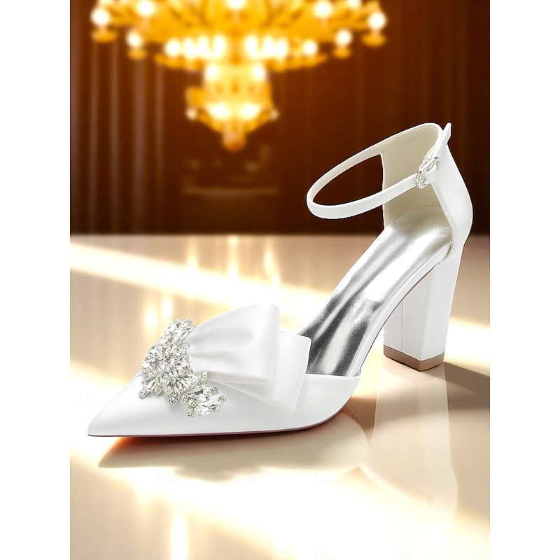 Women's Satin Block Heel Pumps with Crystal Bow and Rhinestone Detail, Pointed Toe High Heels for Upscale Parties and Cocktail Events3