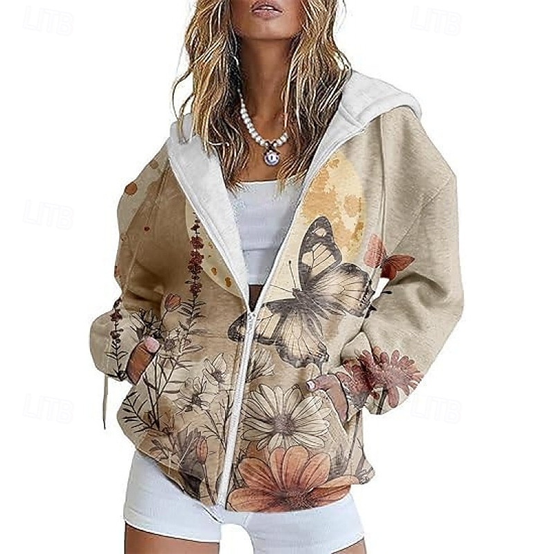 Women's Casual Jacket Comfortable Pocket Print Sports Fashion Outdoor Flower Casual Daily Weekend Zipper Regular Hooded Regular Fit Long Sleeve Outerwear Light Green Navy Blue Khaki Spring Fall2