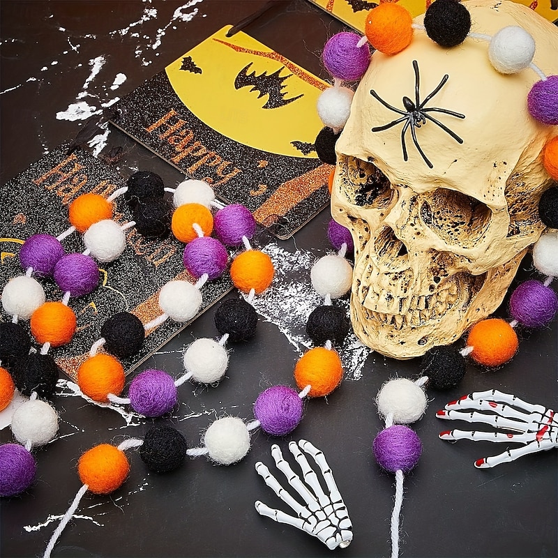 4 Pieces Halloween Felt Pom Poms Garland Ball 6.6ft Hanging Banner Ball Garland for Wall Decoration Festivals Room Home Wedding Birthday Party2