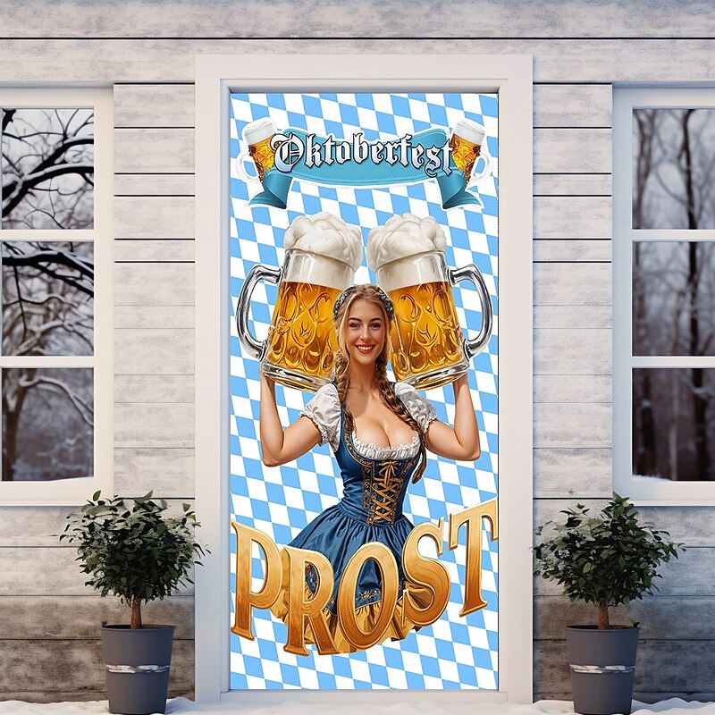Oktoberfest Door Decorations German Bavarian Beer Door Covers Door Tapestry Blue White Plaid Decoration Backdrop Indoor/Outdoor Door Banner for Front Door Office Door4