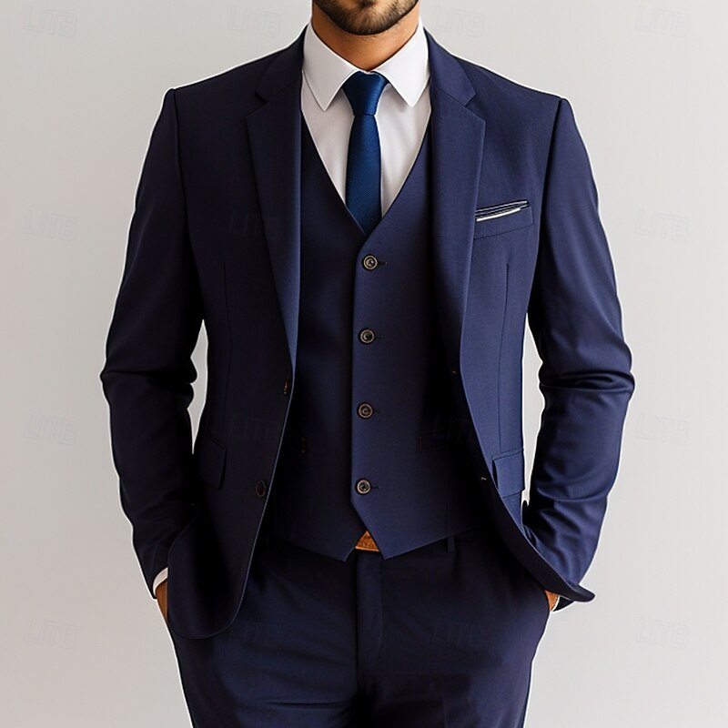 Men's Wedding Business Suits Black Navy Blue Formal WorkWear Solid Colored Standard Fit 3 Piece Single Breasted Two-buttons2