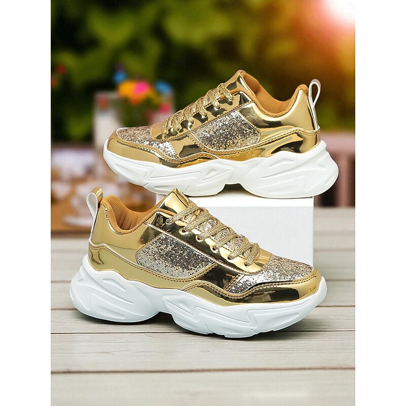 Women's Glitter Chunky Platform Sneakers with Metallic Finish, Fashion Lace-Up Party Shoes for Nightlife and Club Outfits4