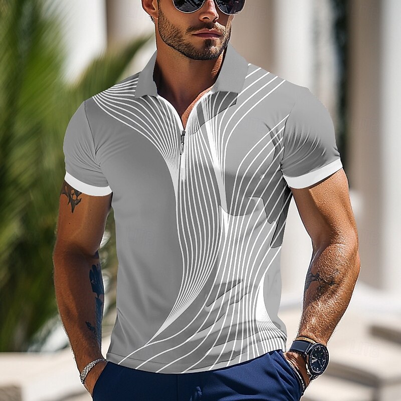 Men's Geometic Line Zip Polo Shirts Short Sleeve Polo Shirts Collared Shirts Business Casual Outdoor Athleisure 3D Print Summer Black Blue Green3