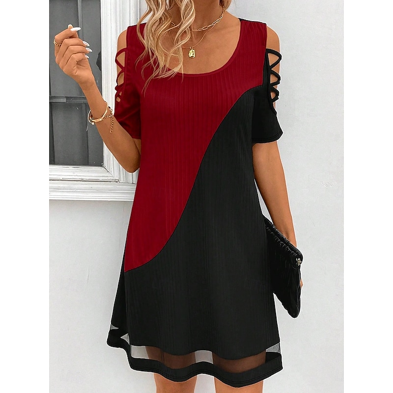 Women's Midi Dress A Line Dress Summer Dress Elegant Vintage Stylish Home Party Holiday Loose Fit Solid Color Color Block Short Sleeve Crew Neck Black And White Light Pink Yellow Red Summer Spring